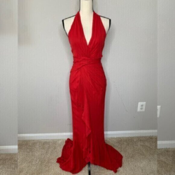 Vintage Red Halter Plunged Neckline Gown with Elegant Ruffle Detail Maxi… - Picture 7 of 12
